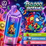 Modro-fialová jednorázová vape UZY 150 000 potahů 6v1 s příchutěmi Strawberry Kiwi, Jahoda Kiwi, Borůvka Kokos a Směs Lesního Ovoce