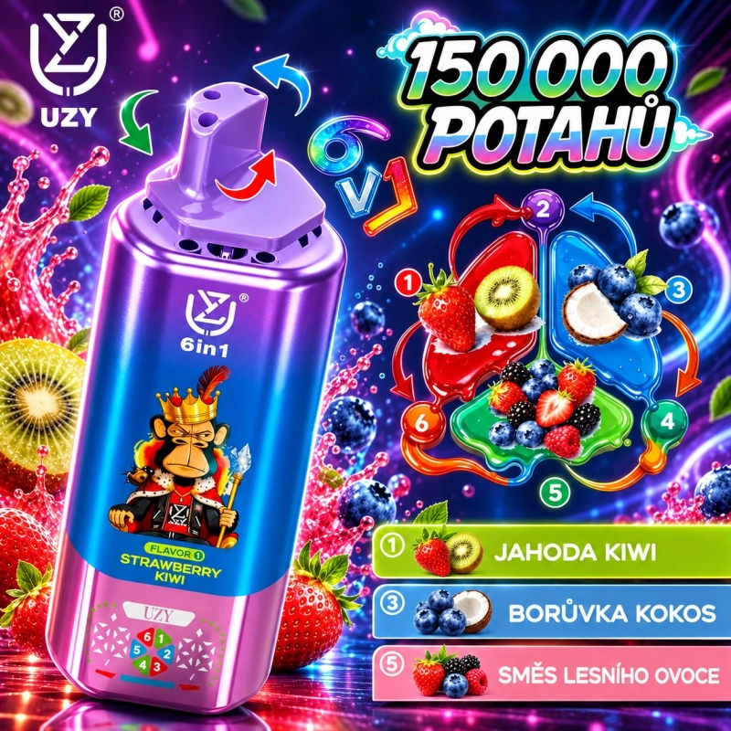 Modro-fialová jednorázová vape UZY 150 000 potahů 6v1 s příchutěmi Strawberry Kiwi, Jahoda Kiwi, Borůvka Kokos a Směs Lesního Ovoce