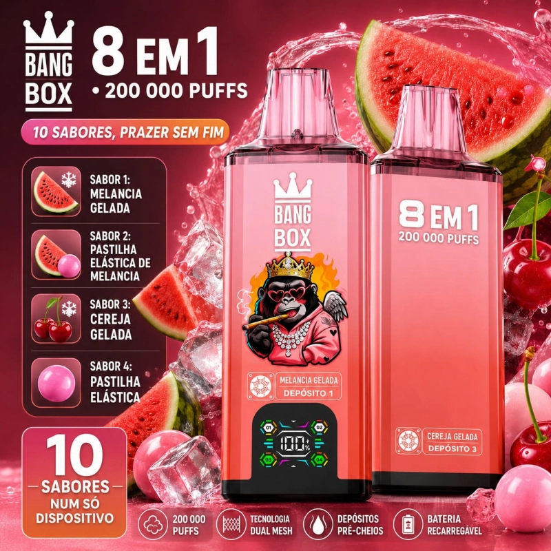 Bang Box 8 em 1 vape descartável sabor melancia gelada com chiclete e cereja