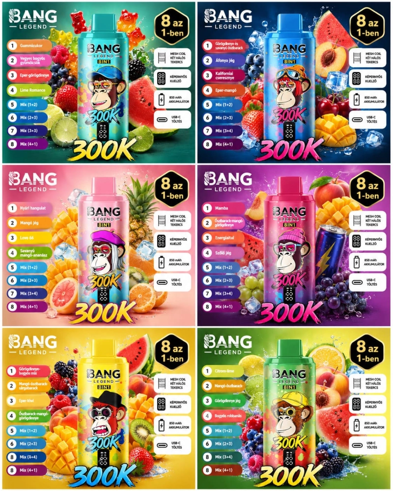 Bang Legend 8in1 300K 8 ízű eldobható vape gyümölcs mix kombináció alma körte eper banán citrus és bogyós ízekkel Magyar piacra