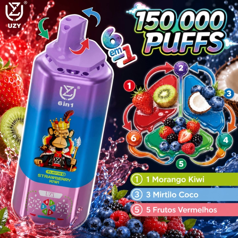 UZY 6 em 1 150000 Puffs Vape descartável, Sabores Frutados Mistos
