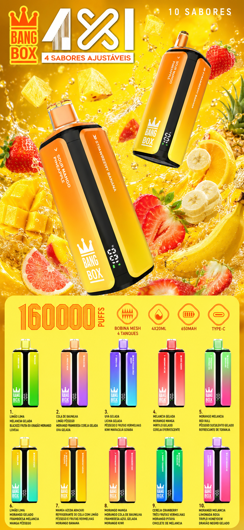 Bang Box 160K combinações de sabores e apresentação do produto