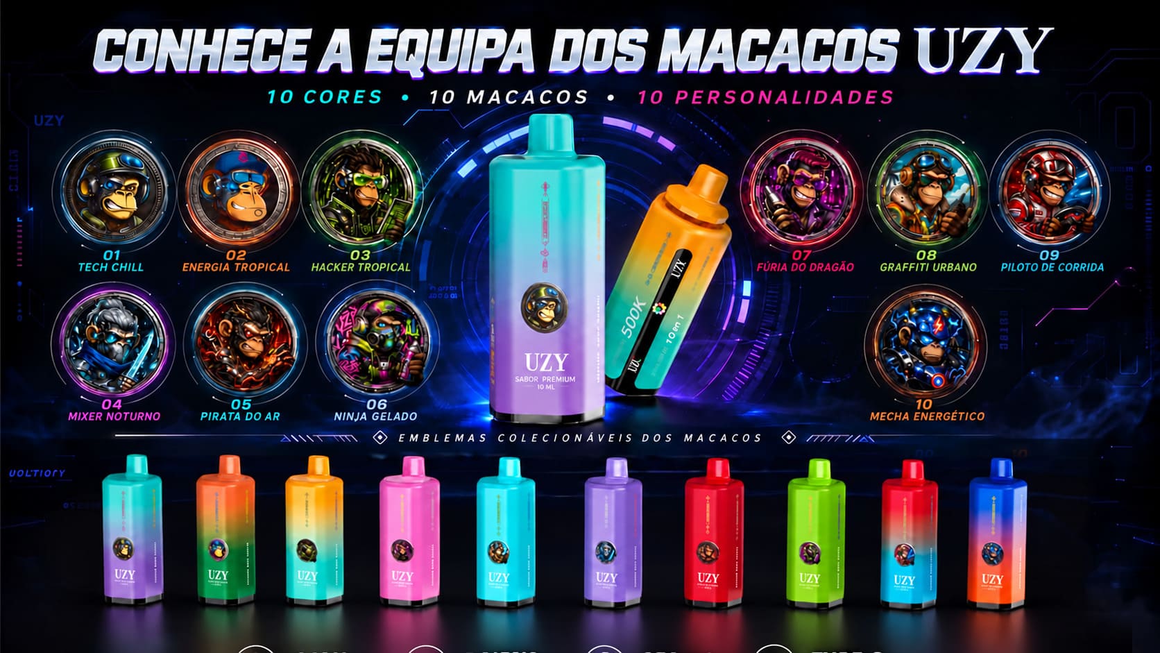 Coleção UZY 500K Penta Flavor 10 em 1 com dez cores diferentes, dez personagens colecionáveis e vários modelos de cigarros eletrónicos.