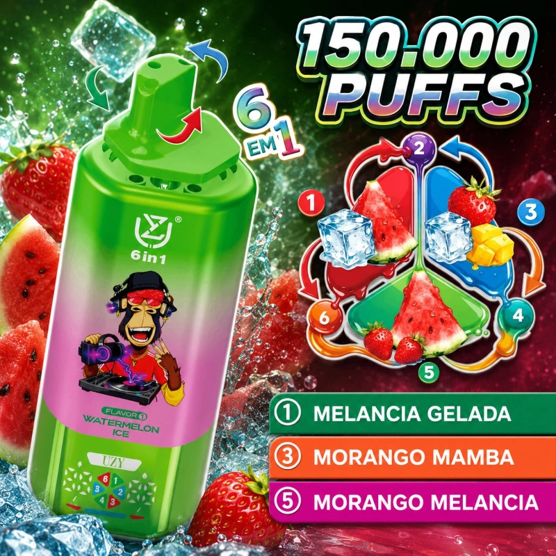 UZY 6 em 1 150000 Puffs Vape Descartável, Sabores de Frutas e Gelo