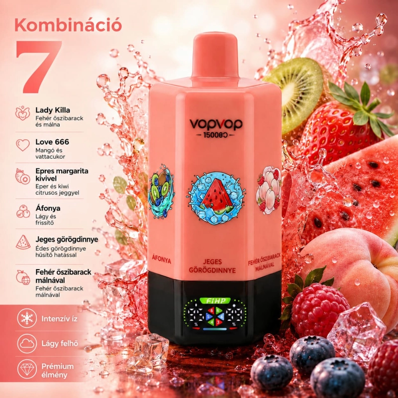 VOPVOP 150K 6 az 1-ben eldobható vape Lady Killa, Love 666, epres margarita, kiwi-áfonya-dinnye jég és fehér őszibarack-málna ízekkel