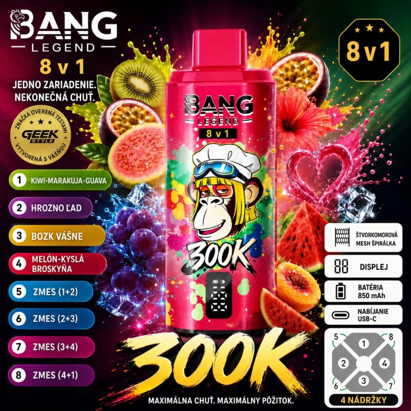 Bang Legend 300K 8v1 príchuť Passion Ice Mix – kiwi, marakuja, guava, ľadové hrozno a vodný melón vape