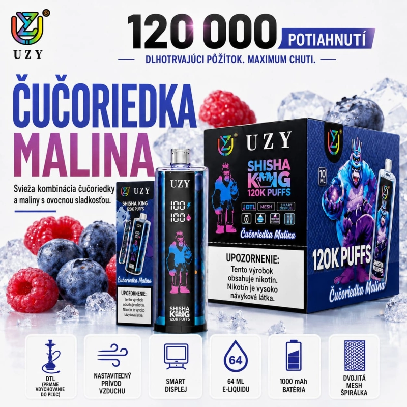 UZY Shisha Hookah King 120K DTL vape – príchuť čučoriedka a malina