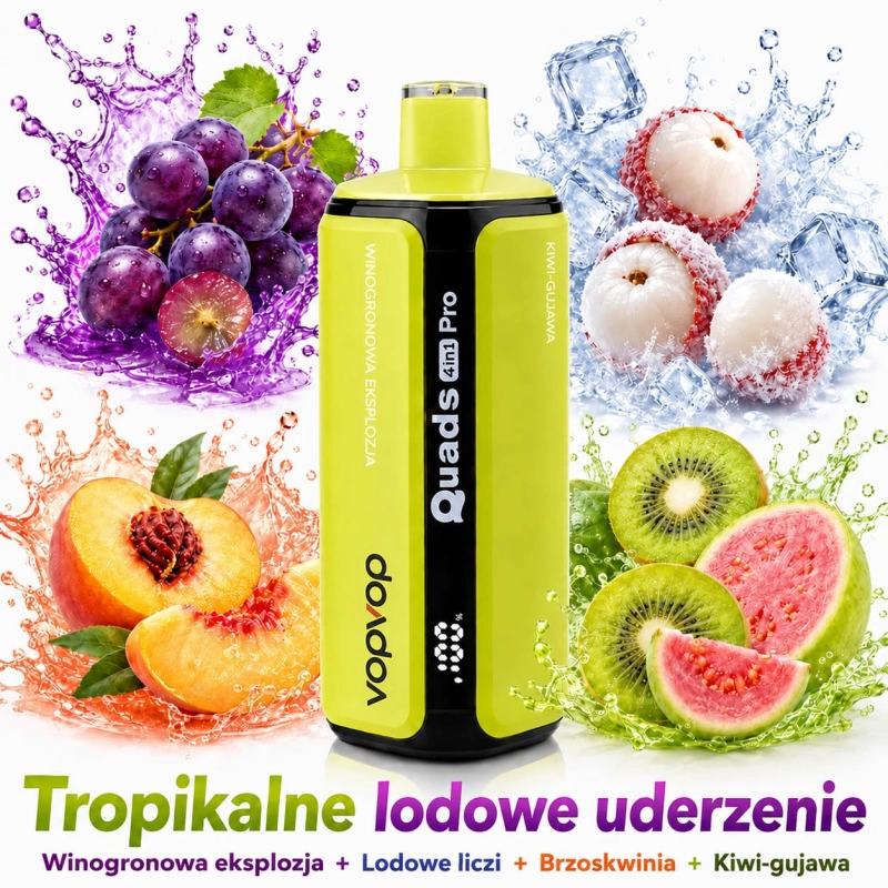 VopVop Quads Pro 200000 – K8 Tropikalne kruszenie lodu, 4 smaki: wybuch winogron, lód liczi, brzoskwinia i kiwi-guawa