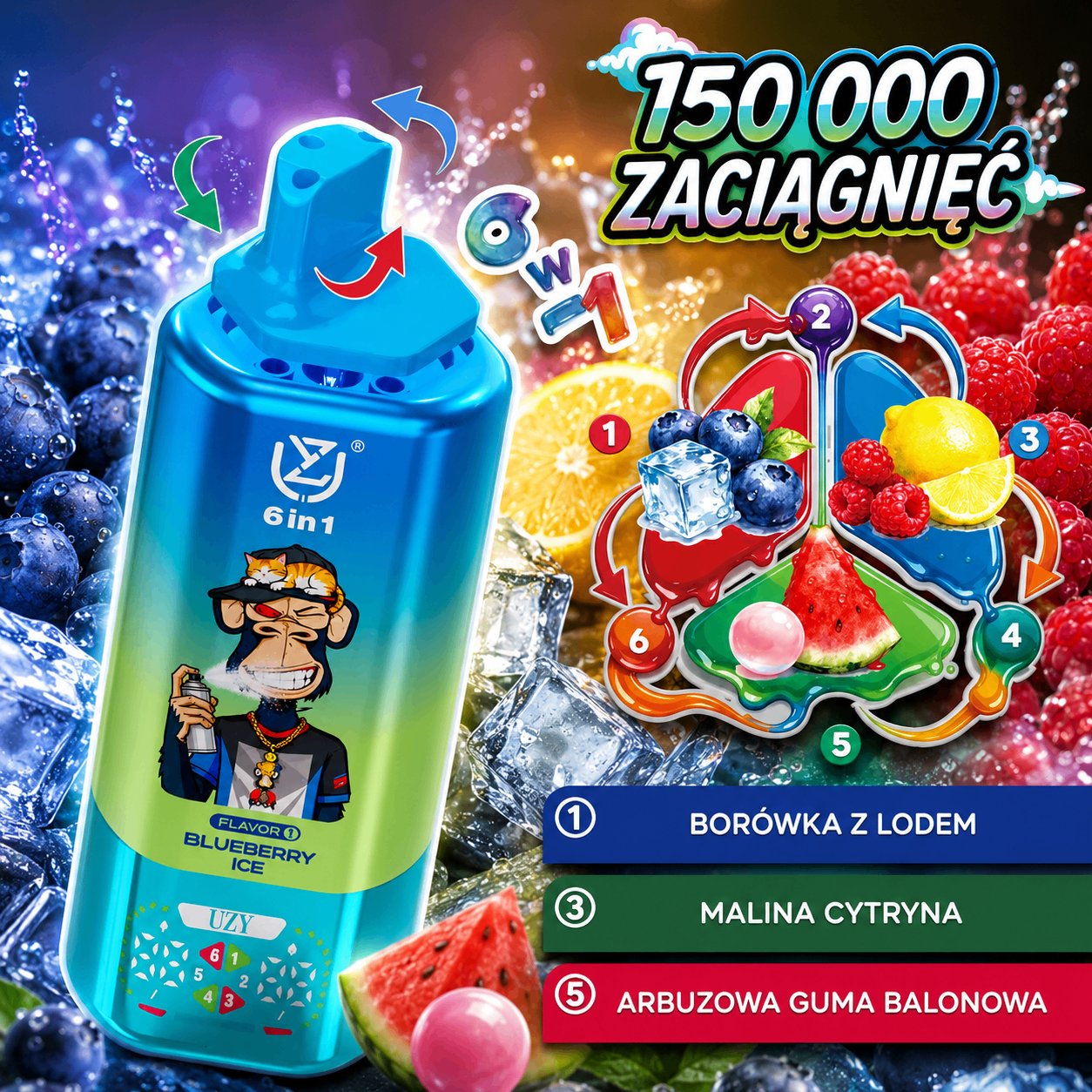 UZY 150K 6in1 smak winogronowy mango brzoskwinia borówka arbuz