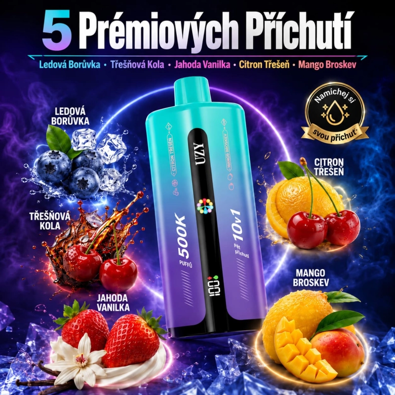 Detail příchutí vape UZY 500K – borůvka ice, jahoda vanilka a citron s třešní