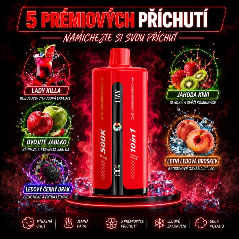 Prémiové ovocné příchutě UZY vape s jablkem, broskví a exotickým ovocem