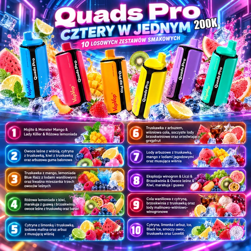 VopVop Quads Pro 120K 4w1 – e-papieros z czterema smakami w jednym urządzeniu, 10 zestawów smakowych