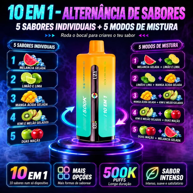 UZY Penta Flavor 500K com melancia gelada, limão e lima, manga ácida e ananás, kiwi e melão gelados e duas maçãs.