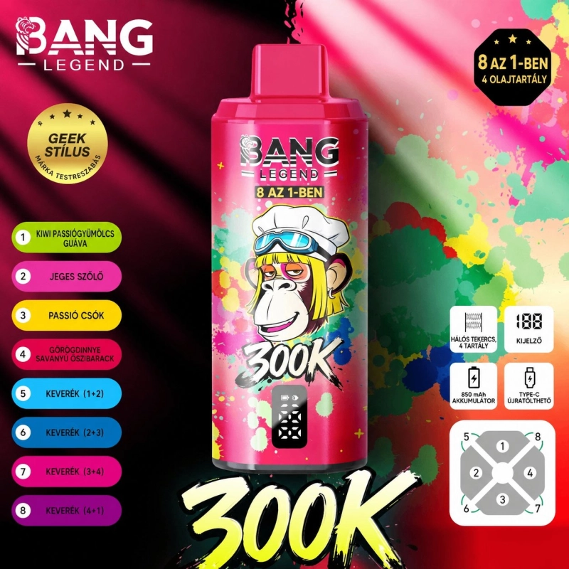 Bang Legend 8 az 1-ben 300000 slukkos eldobható vape, piros vegyes gyümölcs