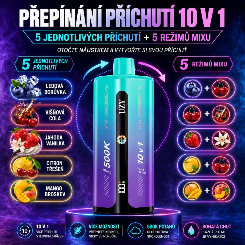 UZY 10v1 zařízení s kombinací ovocných příchutí borůvka, cola, jahoda a mango