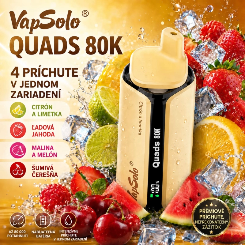 VapSolo Quads 80K 4 v 1 – citrón a limetka, ľadová jahoda, malina s melónom a šumivá čerešňa