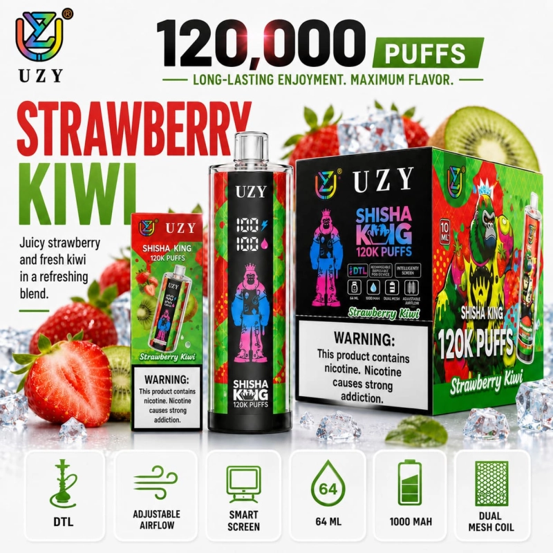UZY Shisha Hookah King 120K Strawberry Kiwi Flavor Vape with Sweet Strawberry and Fresh Kiwi Taste