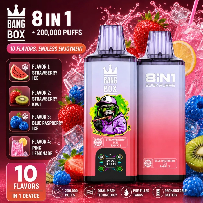 Bang Box 200K Strawberry Ice Strawberry Kiwi Blue Raspberry Pink Lemonade flavor vape