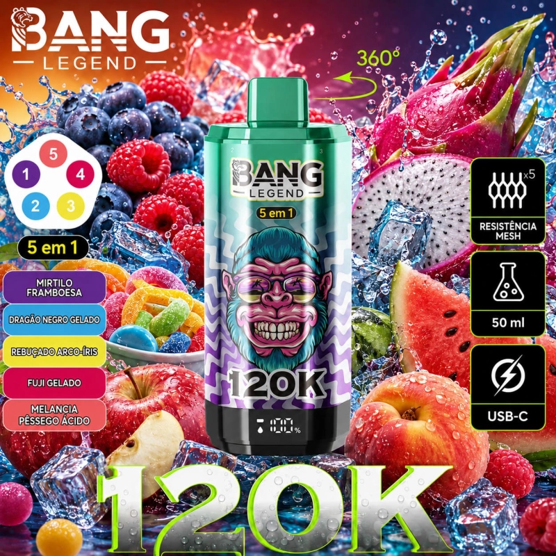 Vape Bang Legend 120K 5 em 1 sabor Cereja e Cola com cereja gelada, frutos vermelhos mistos e cola vermelha