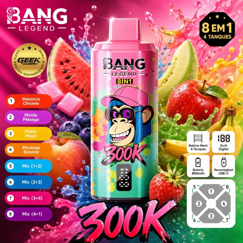 Bang Legend 300000 Puxadas Vape Descartável, Rosa Multi Sabores