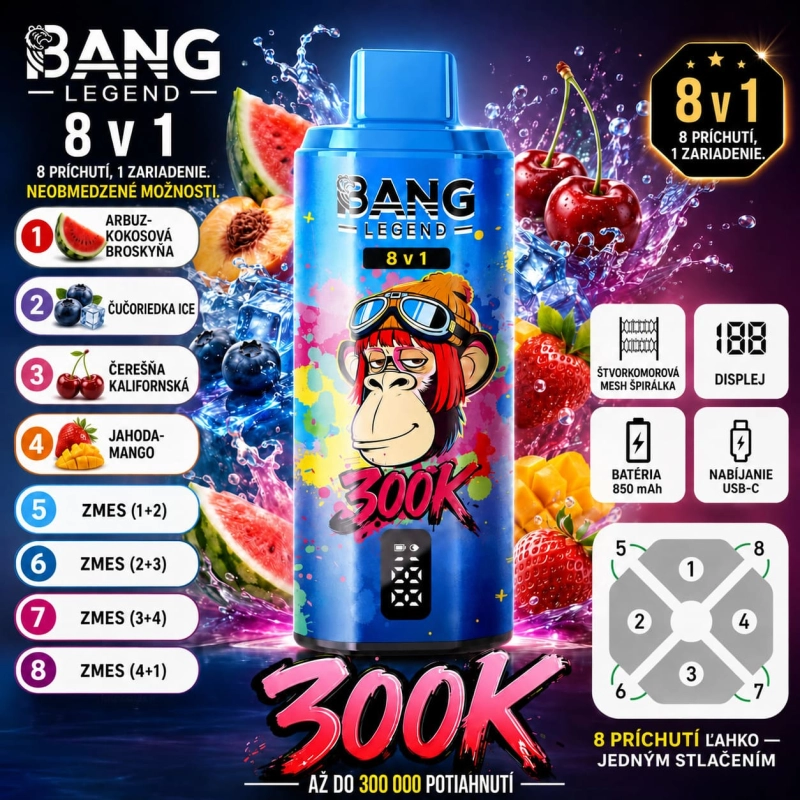 Bang Legend 300K 8v1 príchuť California Berry Mix – čerešňa, čučoriedka, jahoda a mango vape
