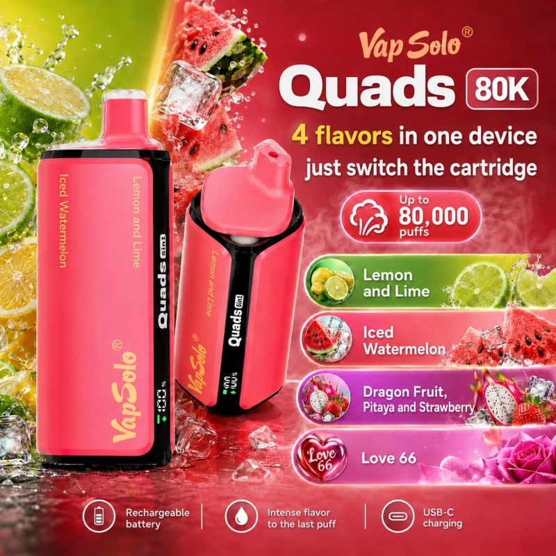 VapSolo Quads 80K 4 in 1 vape Lime Lemon Iced Watermelon Black Dragon Fruit Ice Love 66 flavors