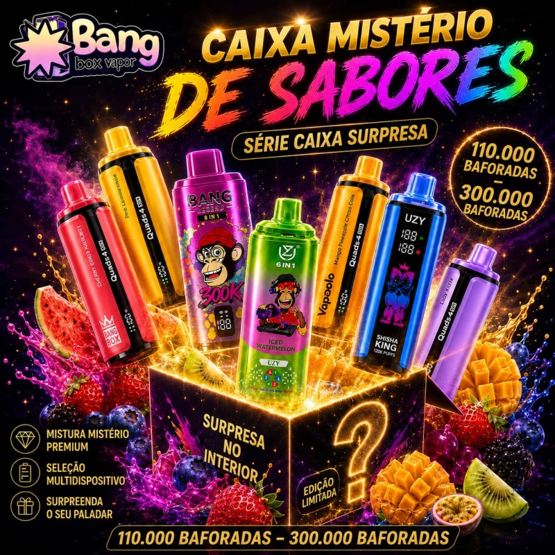 Caixa Mistério de Sabores Bangbox-Vapor com produtos premium e seleção aleatória multimarcas