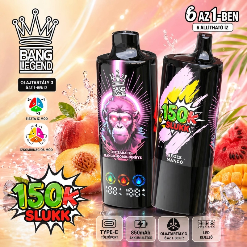 Bang Legend 150000 150000 Slukk Eldobható Elektromos Cigaretta, Őszibarack Mangó Görögdinnye