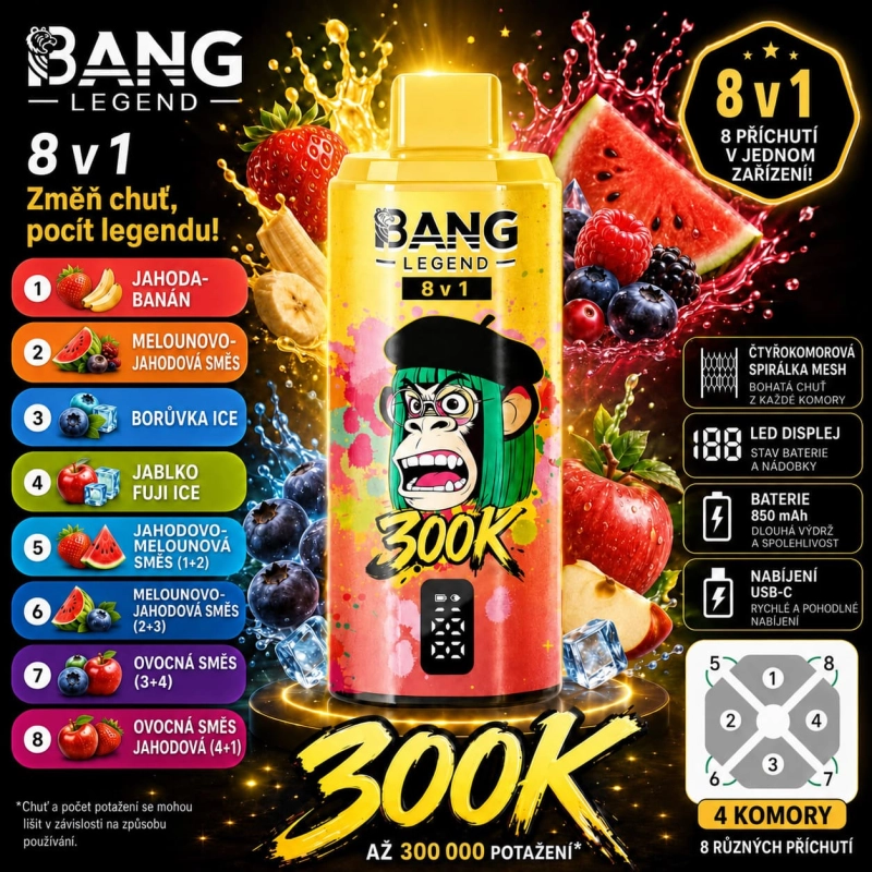 Bang Legend 300K 8 v 1 – jahoda s banánem, vodní meloun s borůvkou, ledová příchuť a Fuji jablko s ledem