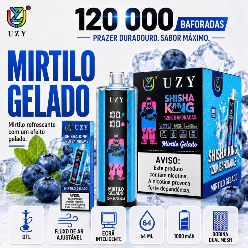 UZY Shisha King 120K sabor Mirtilo Gelado com notas frescas de mirtilo