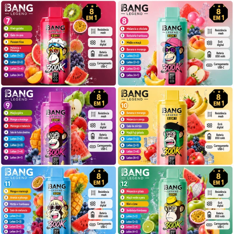 Bang Legend 300K 8 em 1 com vários sabores de fruta e combinações disponíveis num só dispositivo