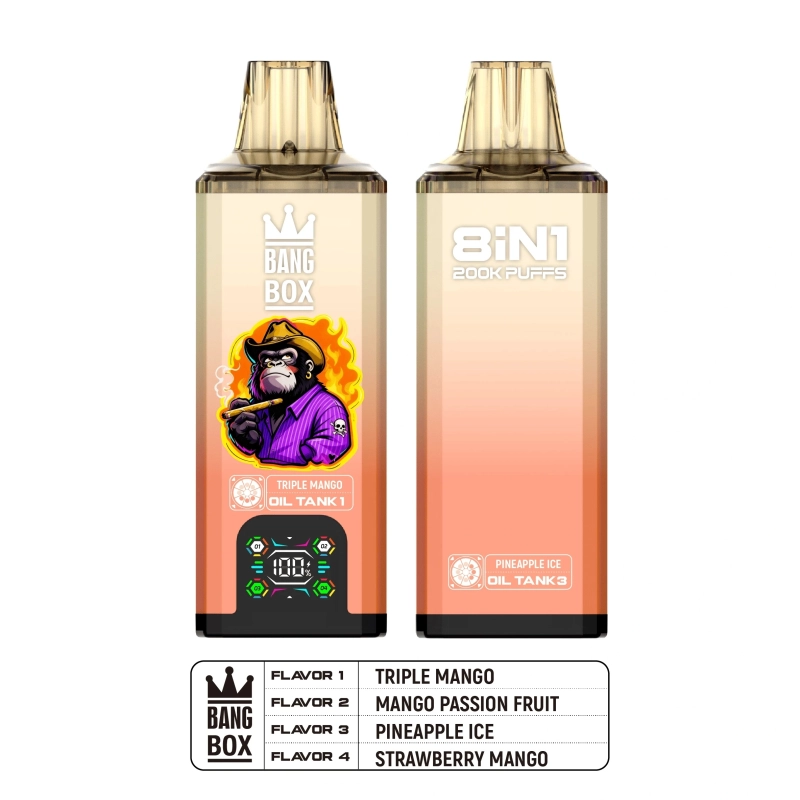 Bang Box 8 in 1 200000 Puffs Disposable Vape Triple Mango narancssárga színben, melyen látható a LED kijelző és a 8 az 1-ben olajtartály rendszer