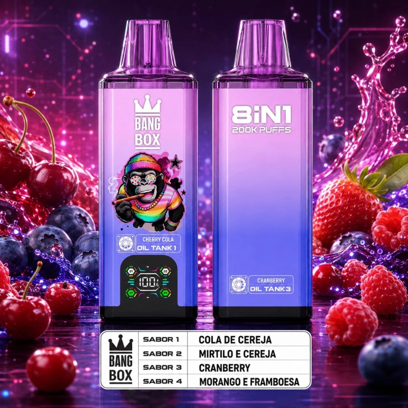 Bang Box 8 IN 1 200000 Puxadas Vape Descartável, Roxo e Frutas