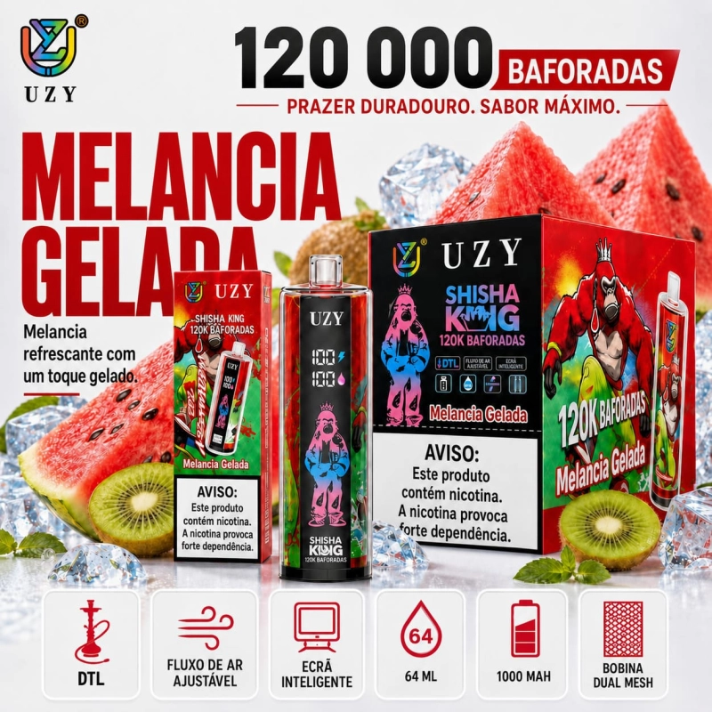 UZY Shisha King 120K sabor Morango e Melancia com combinação frutada refrescante