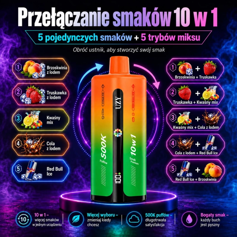 Seria smakowa UZY 500K z brzoskwinią, truskawką, colą i Red Bullem z lodem