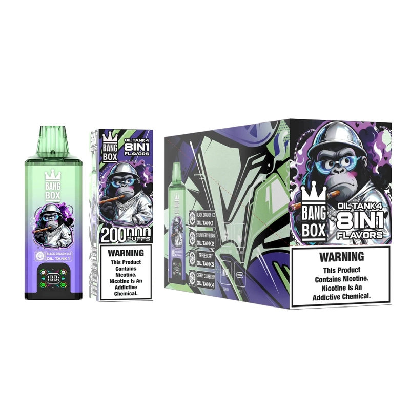 Bang Box 8 in 1 200000 Puffs Disposable zöld-lila színben, digitális LED kijelzőt és több íztartályt mutatva (1)
