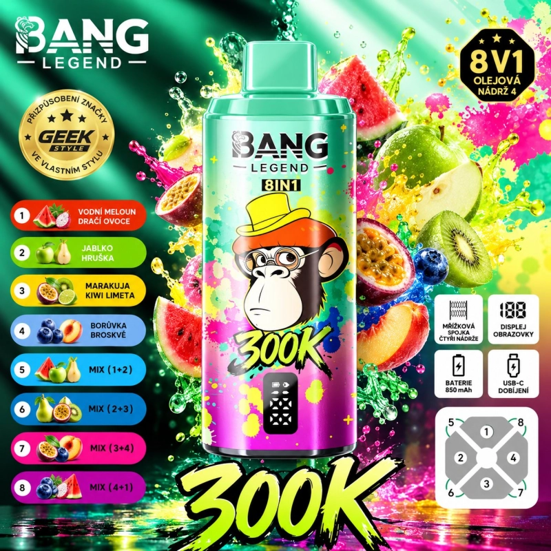 Růžová BANG LEGEND 300K 8v1 s příchutěmi Kiwi Marakuja Guava, Ledové Hrozny a Marakuja Polibek