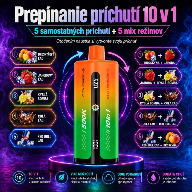 UZY 500K Penta Flavor 10 v 1 – Ľadová Broskyňa, Ľadová Jahoda, Sour Fucking Fab, Ľadová Kola a Ľadový Red Bull