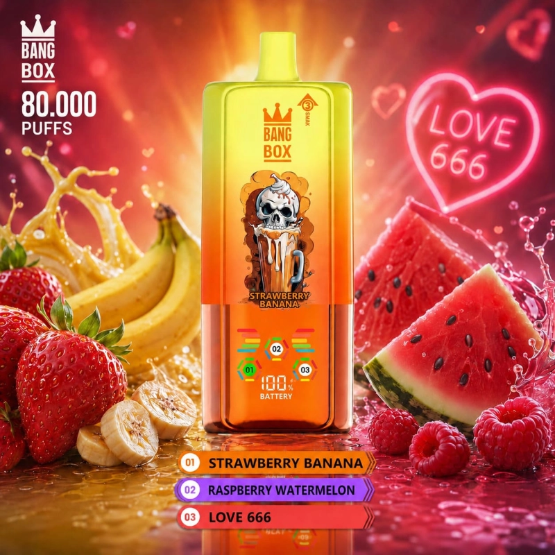 BangBox 80K 3-in-1 disposable vape with Strawberry Banana, Raspberry Watermelon and Love 666 flavors
