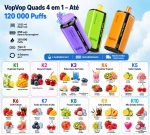 VopVop Quads 4 em 1 vape descartável 120000 puffs sabores K1 a K5 incluindo explosão tropical, frutos silvestres, sobremesa de frutas, smoothie tropical e sabores gelados com frutas frescas