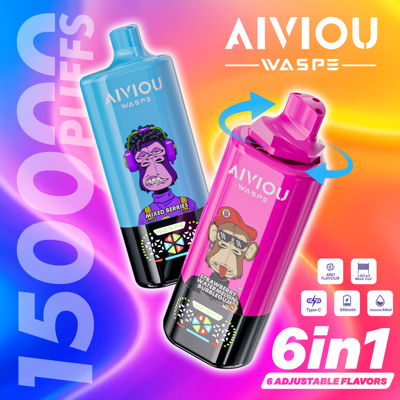 WASPE Vape– 6 smaków w jednym, łatwe przełączanie(150 000 zaciągnięć)