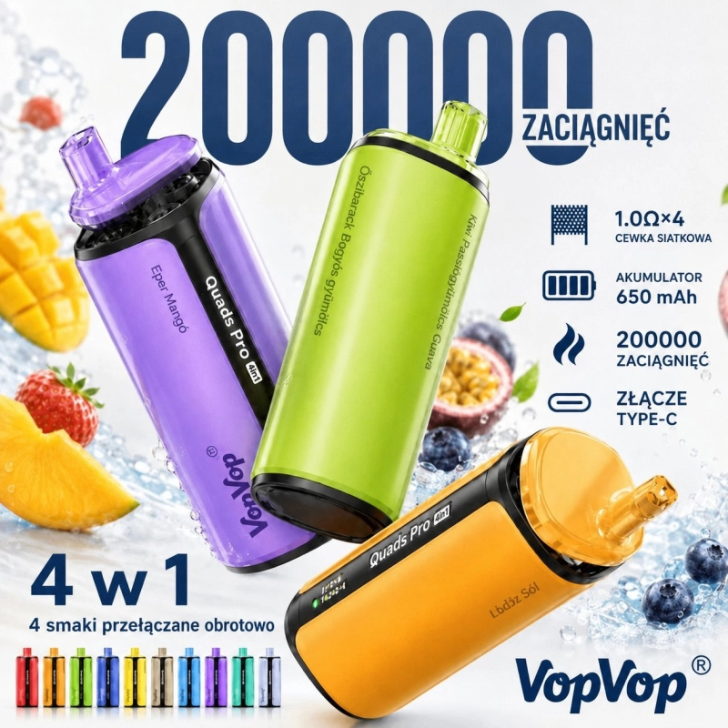 VopVop Quads Pro 4in1 200000 Zaciągnięć Jednorazowy E-papieros, Wielokolorowy
