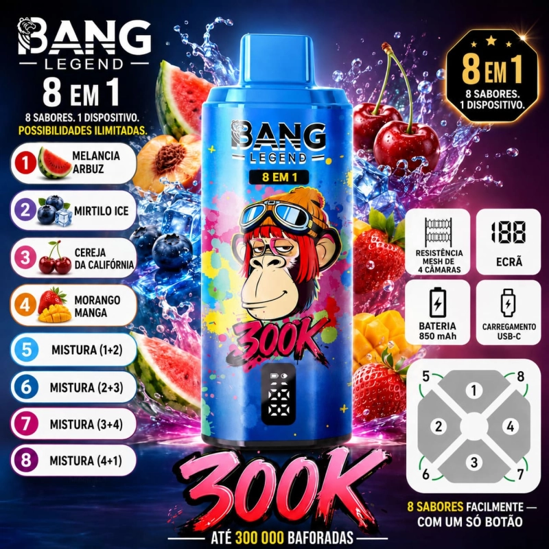 Bang Legend 300K 8 em 1 com Melancia e Pêssego Ácido, Mirtilo Gelado, Cereja da Califórnia e Morango com Manga