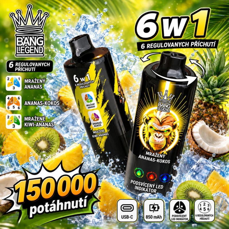 Bang Legend 150K 6 v 1 – ledový ananas, ananas s kokosem a kiwi s ananasem