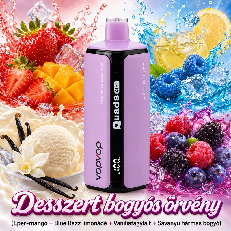 VOPVOP Quads 4 in 1 120K eldobható vape Desszert bogyós örvény Eper mangó Blue Razz limonádé Vanília fagylalt Savanyú bogyós Hungary disposable vape dessert flavor