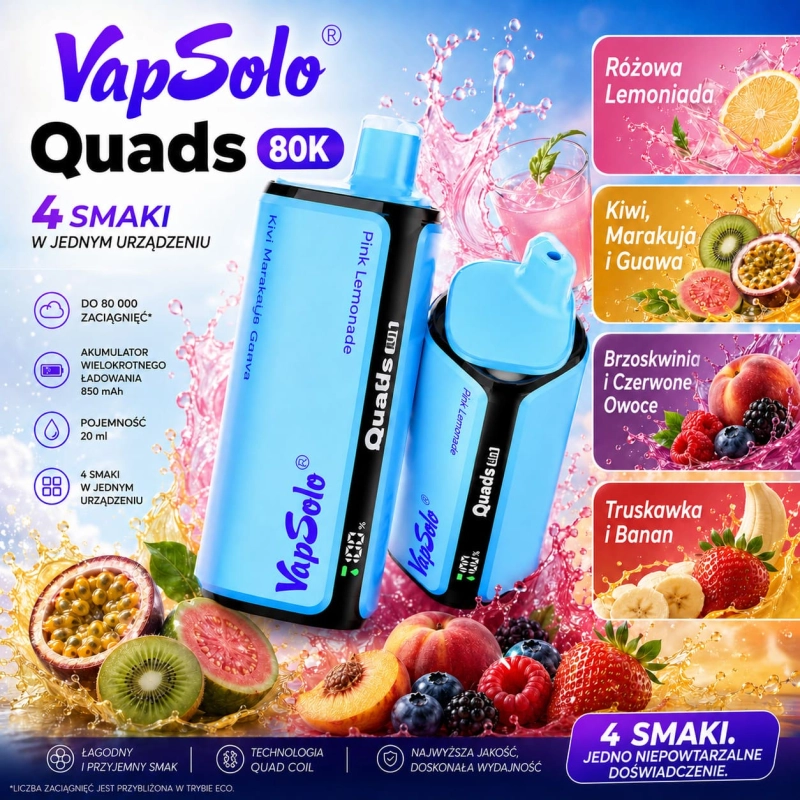 Vapsolo Quads 80K smaki – truskawka mango, lemoniada borówkowa, wanilia i owoce leśne