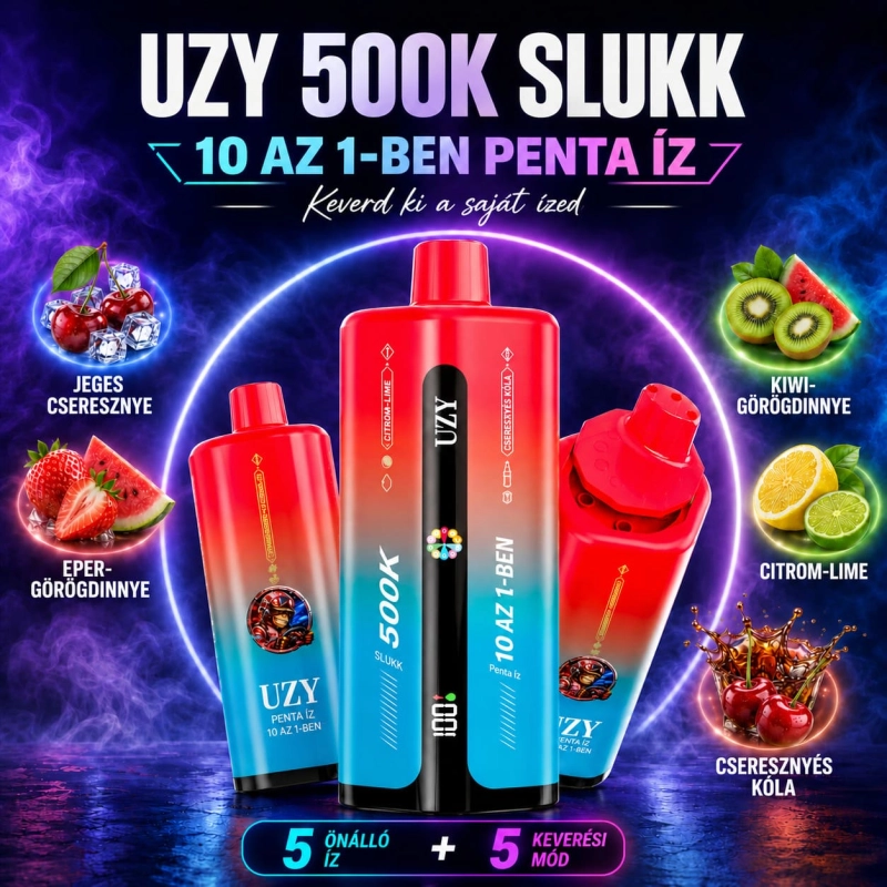 UZY 500K Penta Flavor 10 az 1-ben – jeges cseresznye, eper-görögdinnye, kiwi-görögdinnye, citrom-lime és cseresznyés kóla
