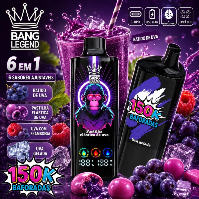 Vape descartável 150K Bubble de Uva com smoothie de uva, goma de uva e framboesa e uva, sabor doce e frutado