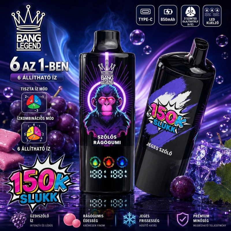 Bang Legend 150000 150000 slukkos eldobható vape, szőlős rágógumi