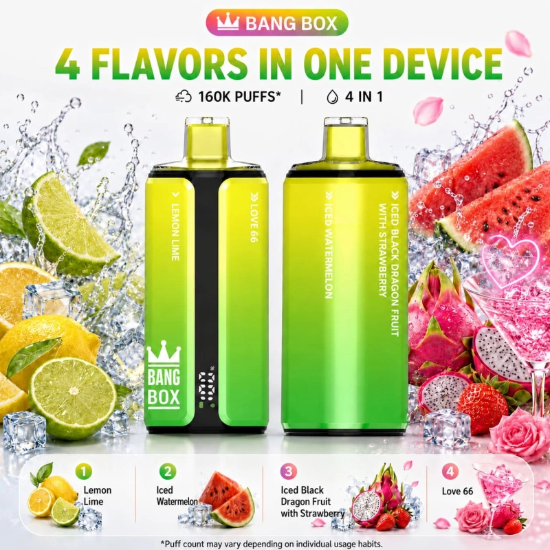 Bang Box 160K flavor set 01 with Lemon Lime, Iced Watermelon, Strawberry Dragon Fruit and Love 66